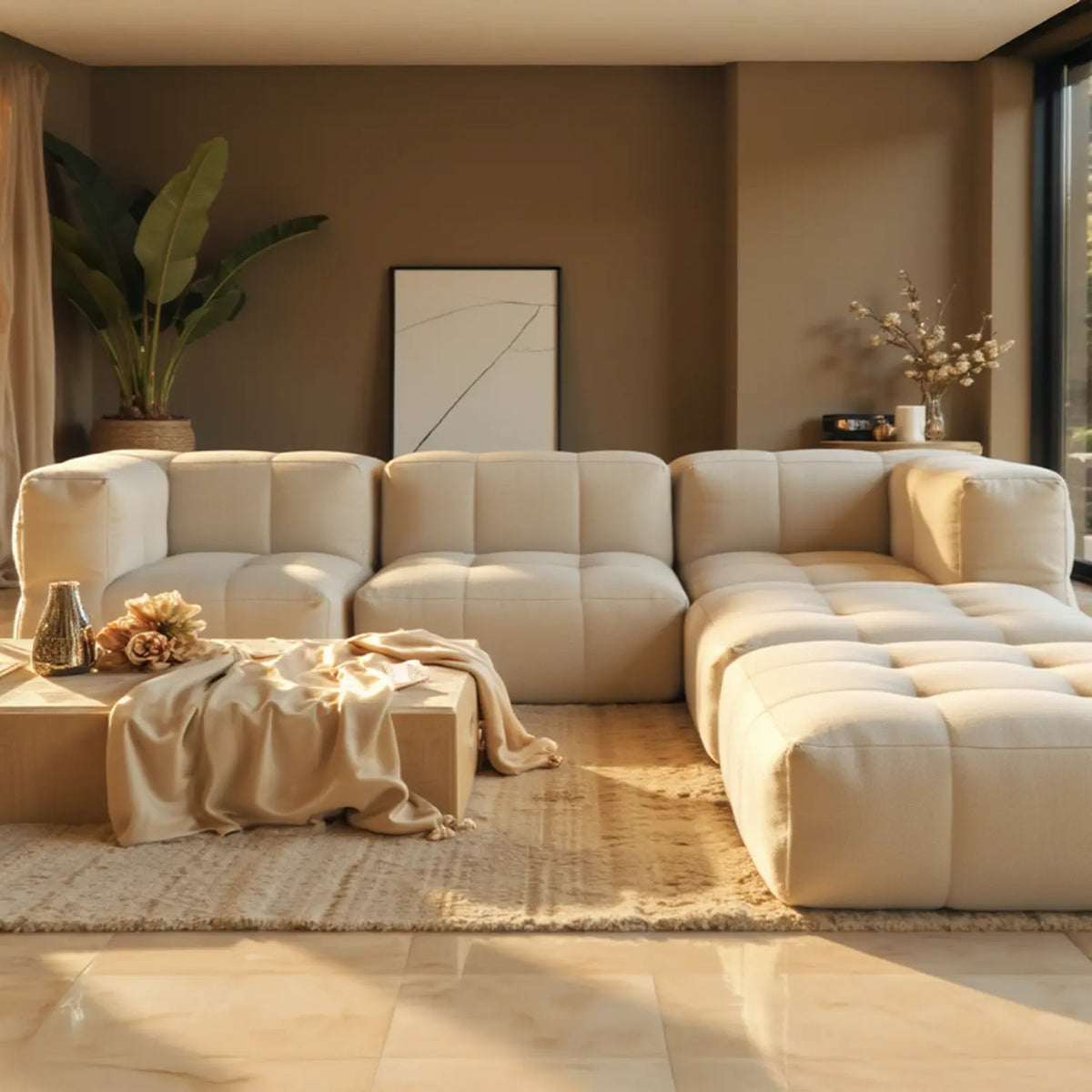 Sofá na Caixa modular 4 lugares em Boucle com 1 chaise - Linho · em tecido linho · vista 3