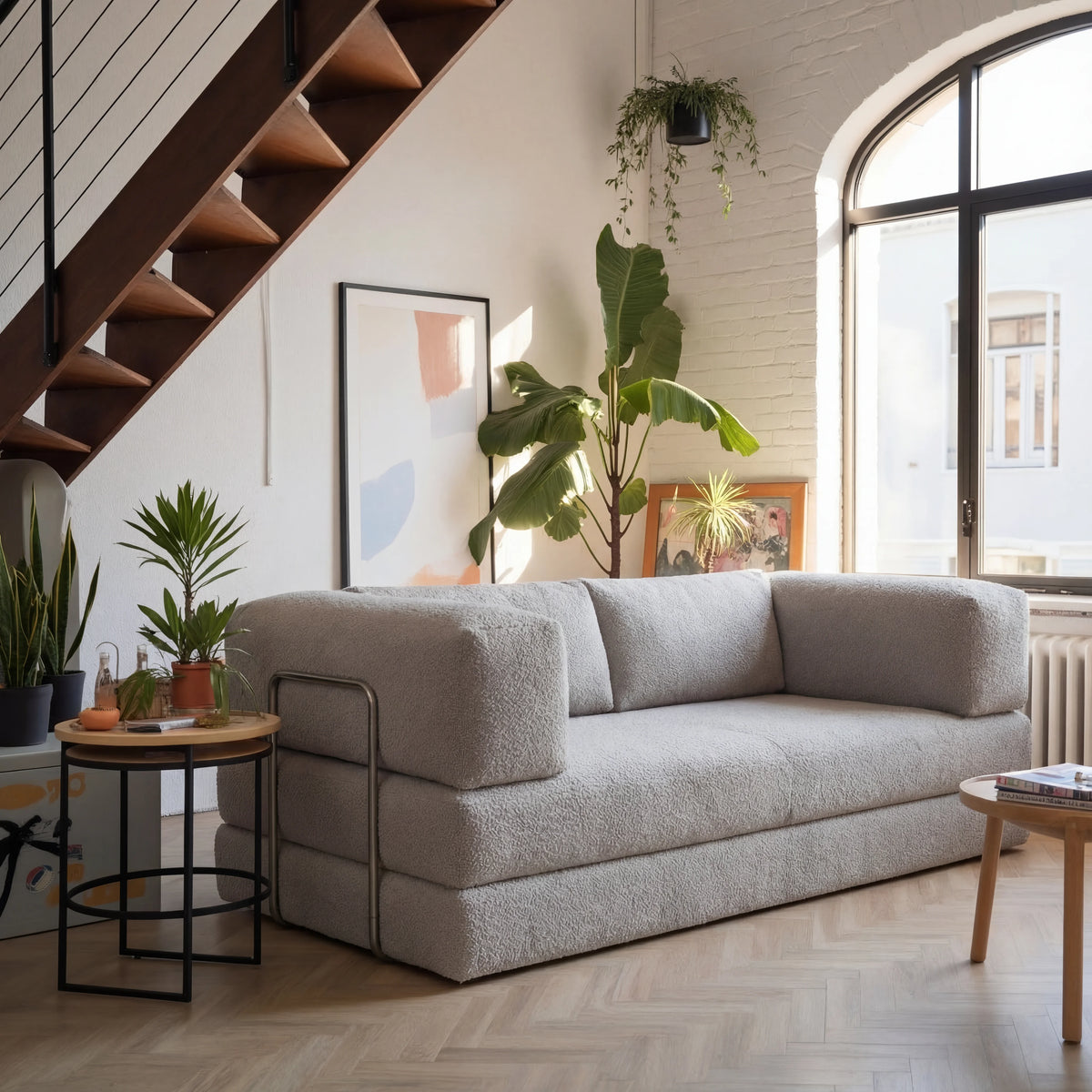 Sofá Cama Bloom Tecido Boucle Cinza - Sofá na Caixa · vista 2