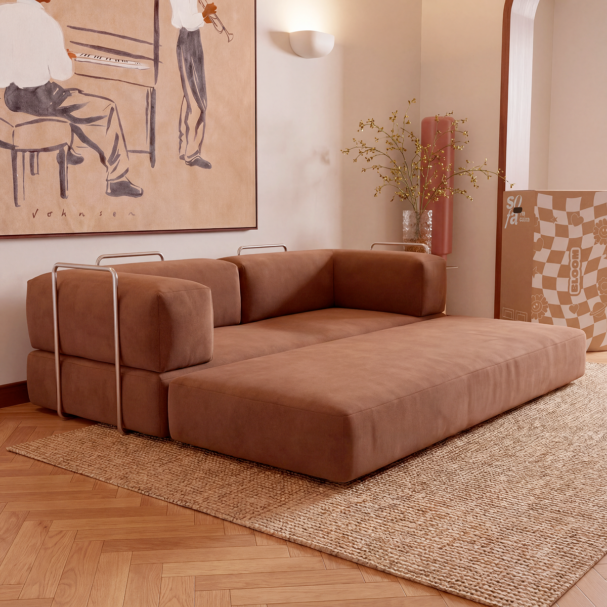 Sofá Cama Bloom Tecido Boucle Marrom - Sofá na Caixa