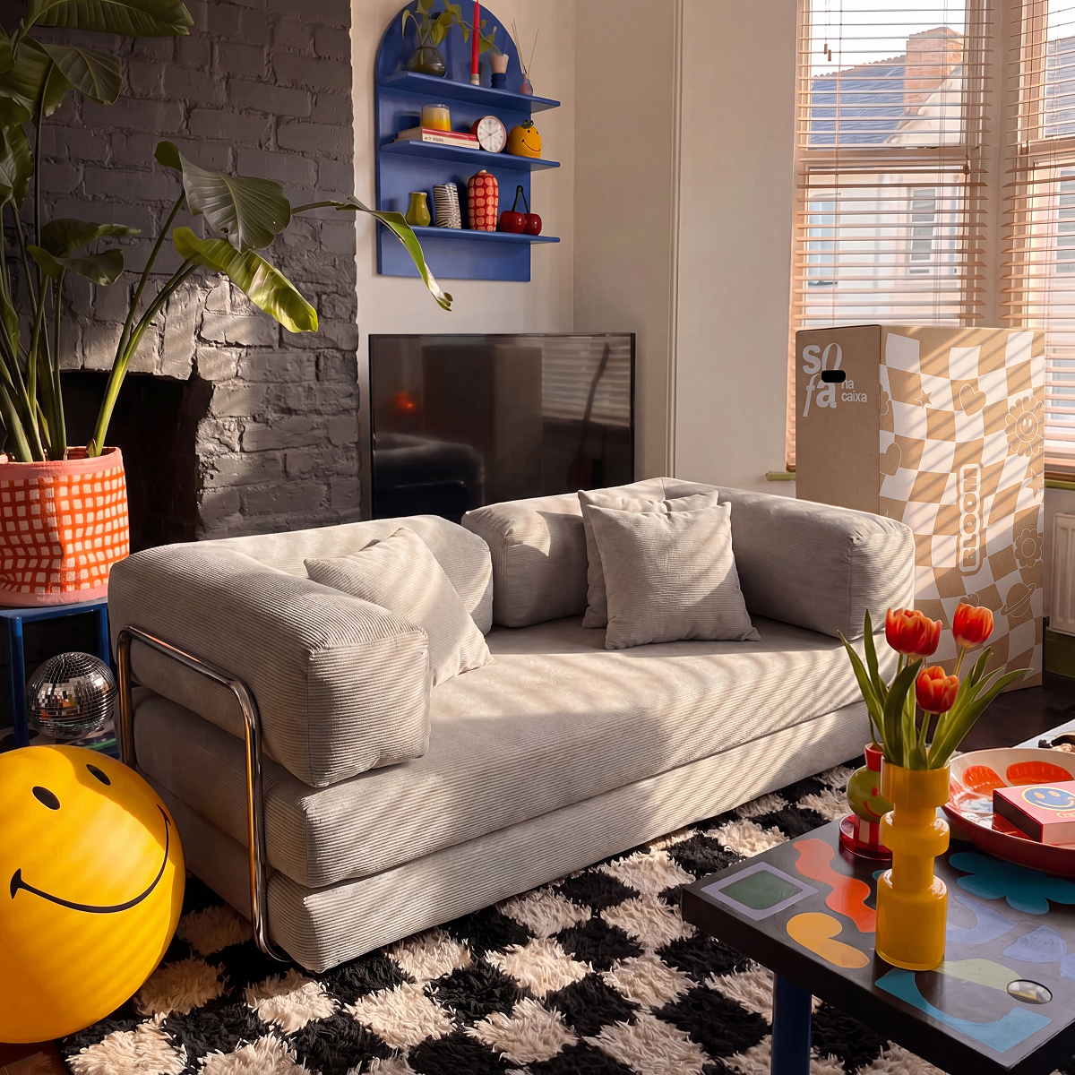 Sofá Cama Bloom Tecido Cotelê Cinza - Sofá na Caixa