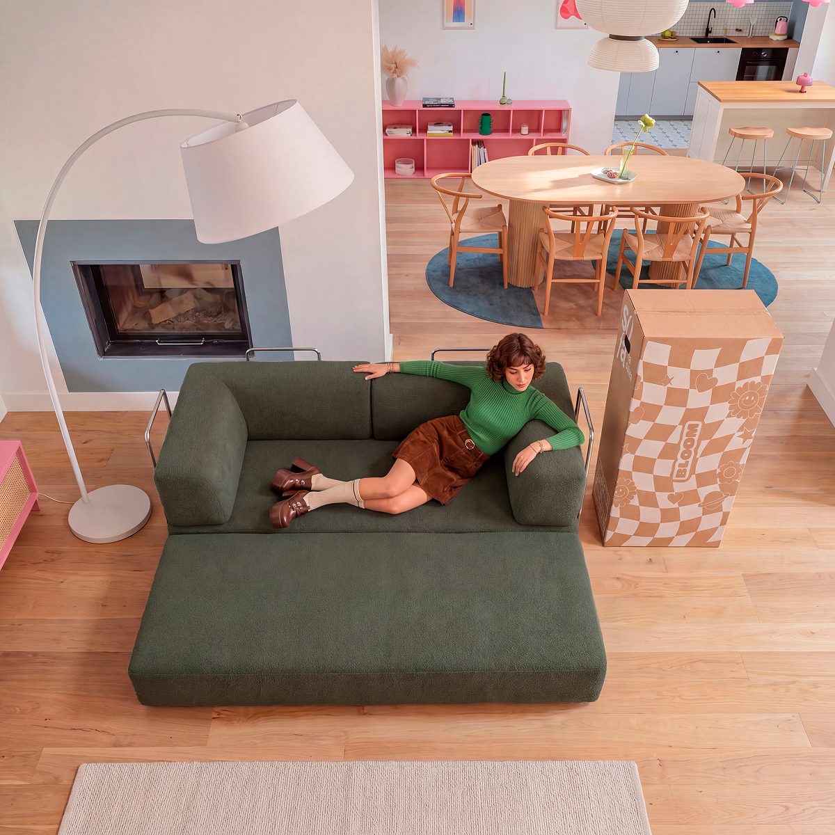 Sofá Cama Bloom Tecido Boucle Verde Musgo - Sofá na Caixa