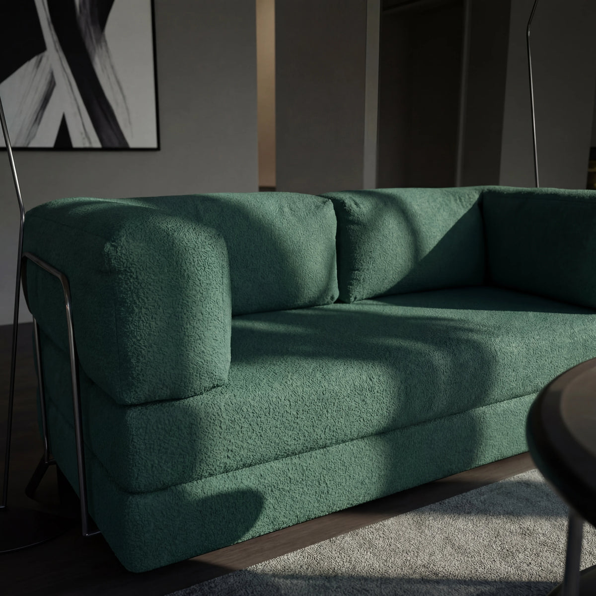 Sofá Cama Bloom Tecido Boucle Verde Musgo - Sofá na Caixa · em tecido bouclê · vista 4