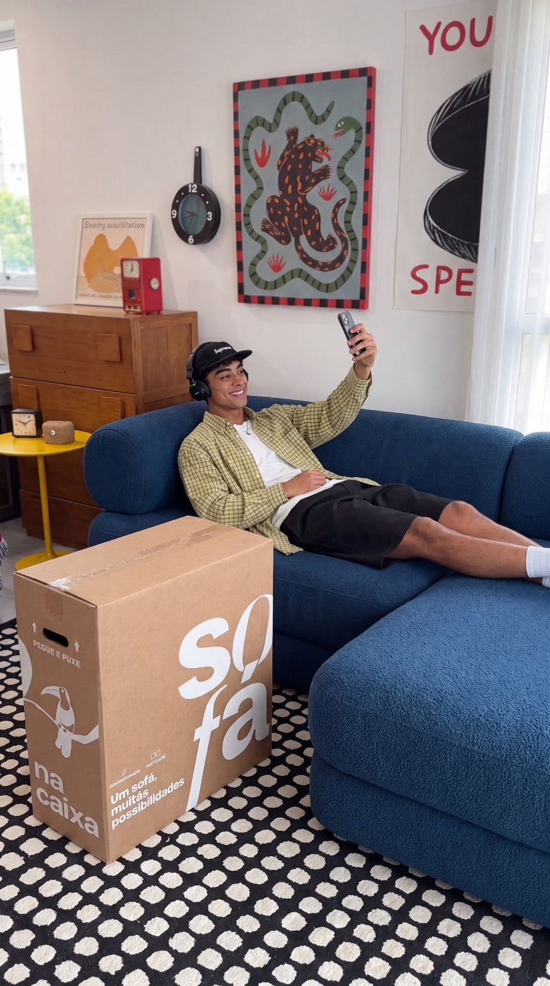 Sofá Cama Nest Tecido Boucle Azul - Sofá na Caixa
