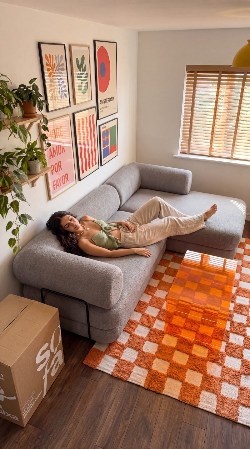 Sofá Cama Nest Tecido Boucle  Cinza - Sofá na Caixa