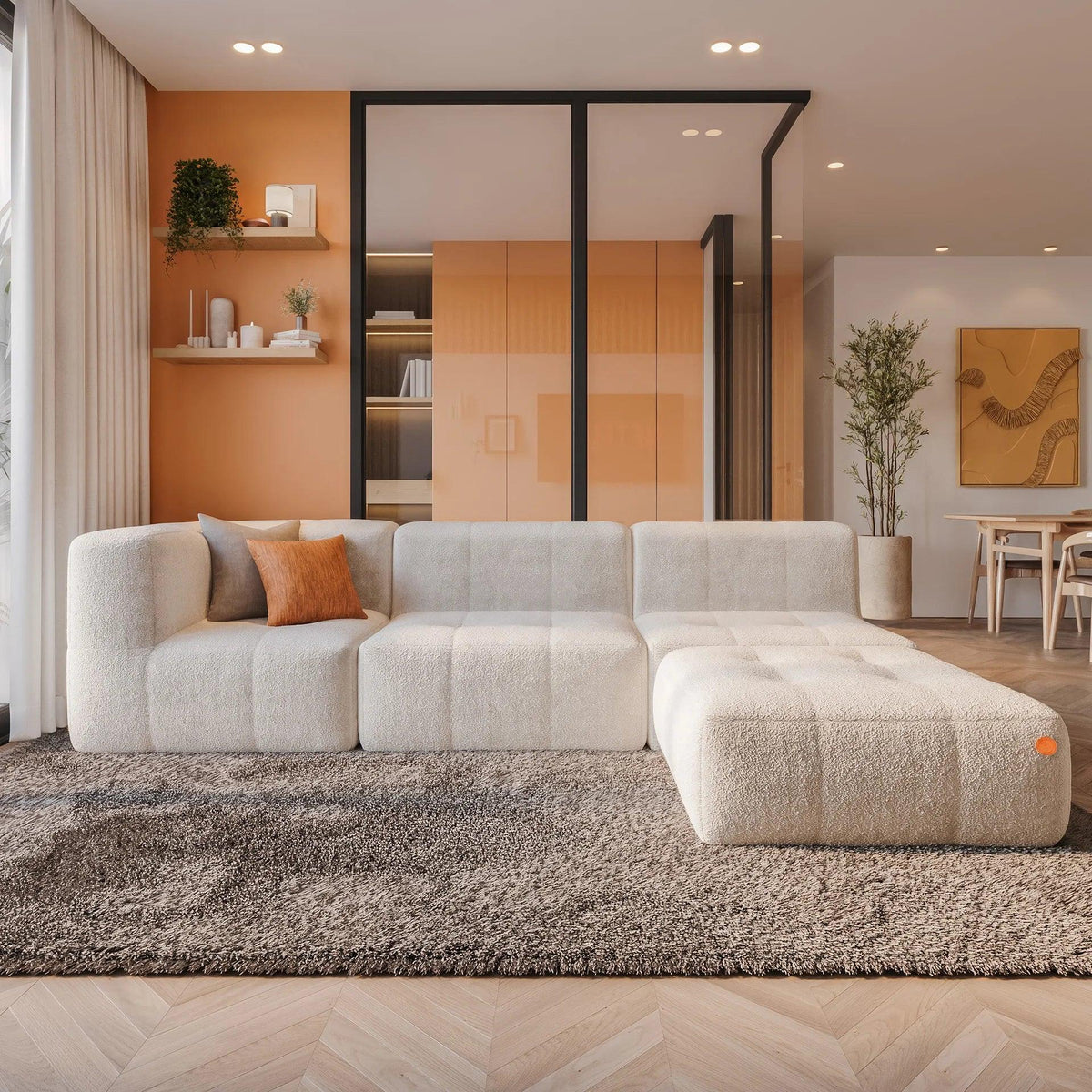 Sofá na Caixa modular 4 lugares em Boucle com 1 chaise - Linho · em ambiente decorado