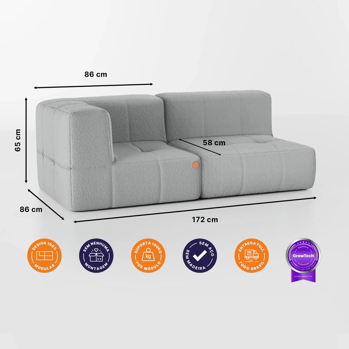 Sofá na Caixa modular 2 lugares em Boucle - 1 Braço -  Cinza · medidas e dimensões