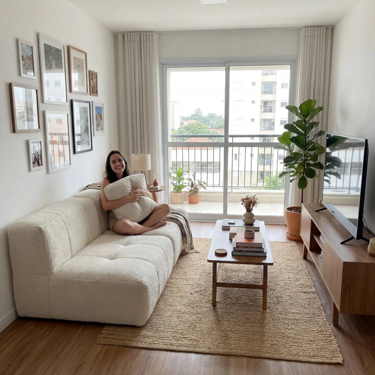 Sofá na Caixa modular 2 lugares em Boucle - Sem braço - Linho · visão geral final