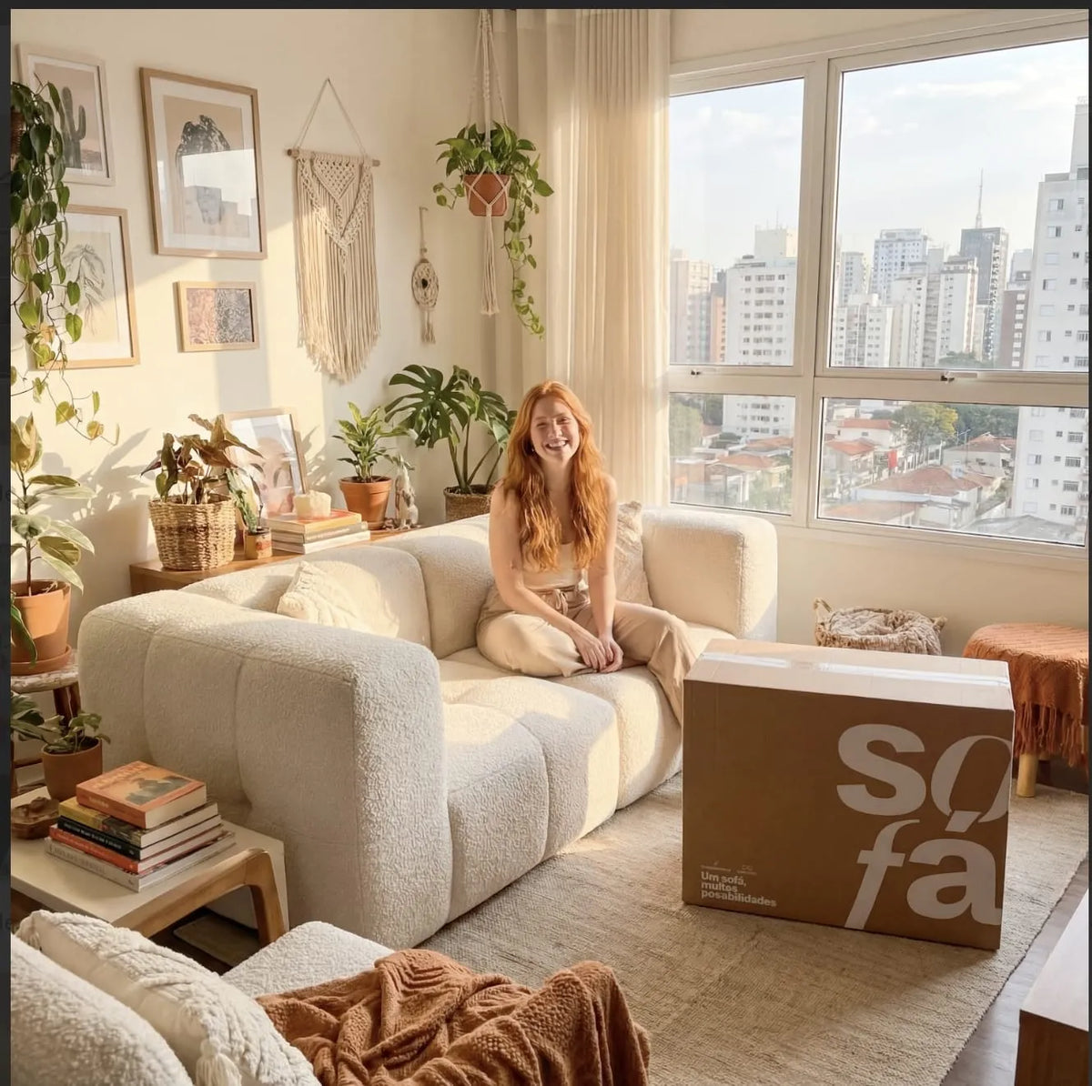 Sofá na Caixa modular 2 lugares em Boucle - Sem braço - Linho · vista 8