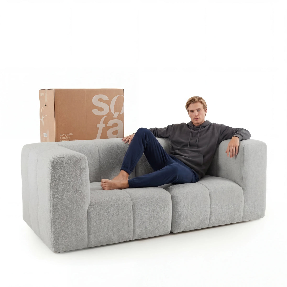 Sofá na Caixa modular 2 lugares em Boucle - Cinza