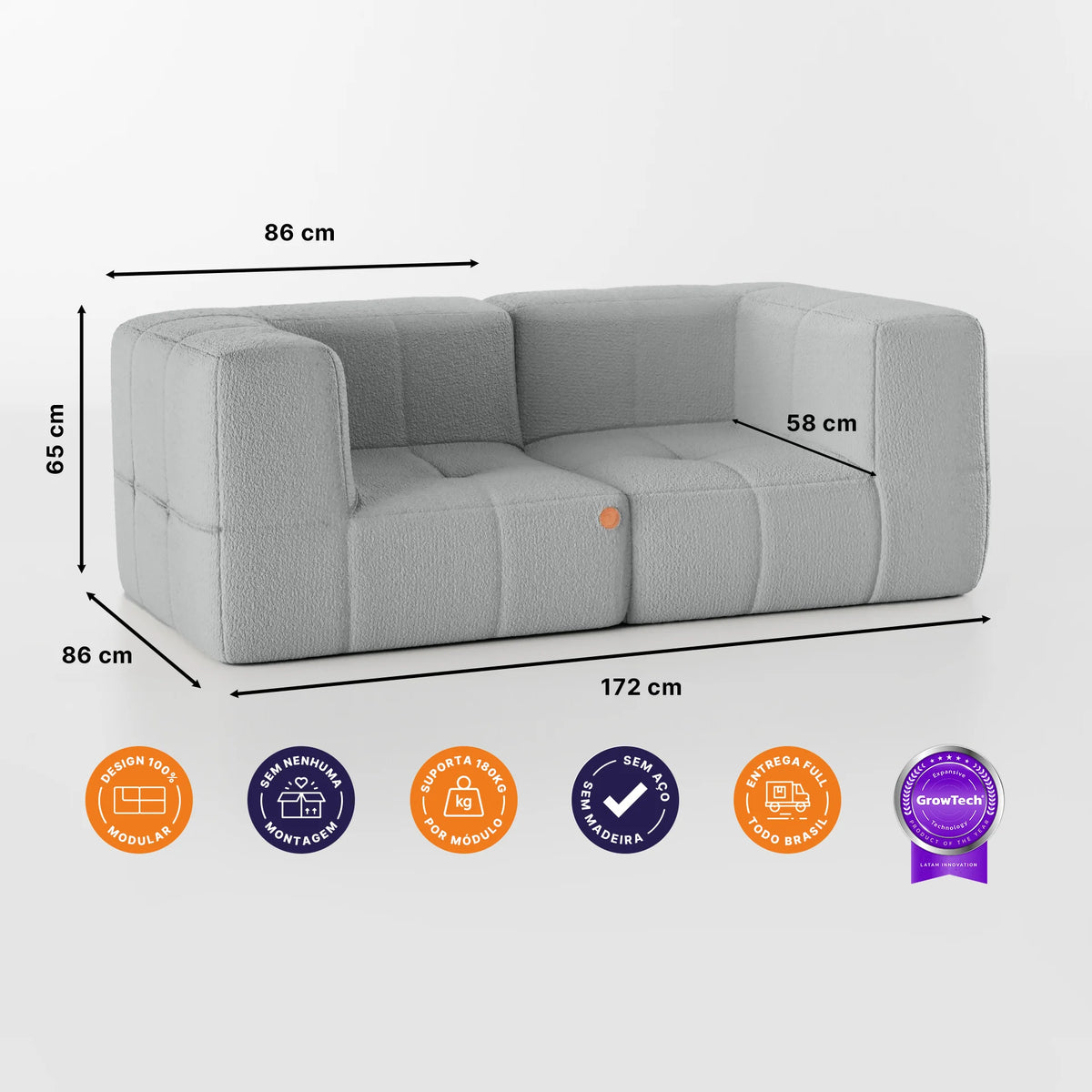Sofá na Caixa modular 2 lugares em Boucle - Cinza · medidas e dimensões