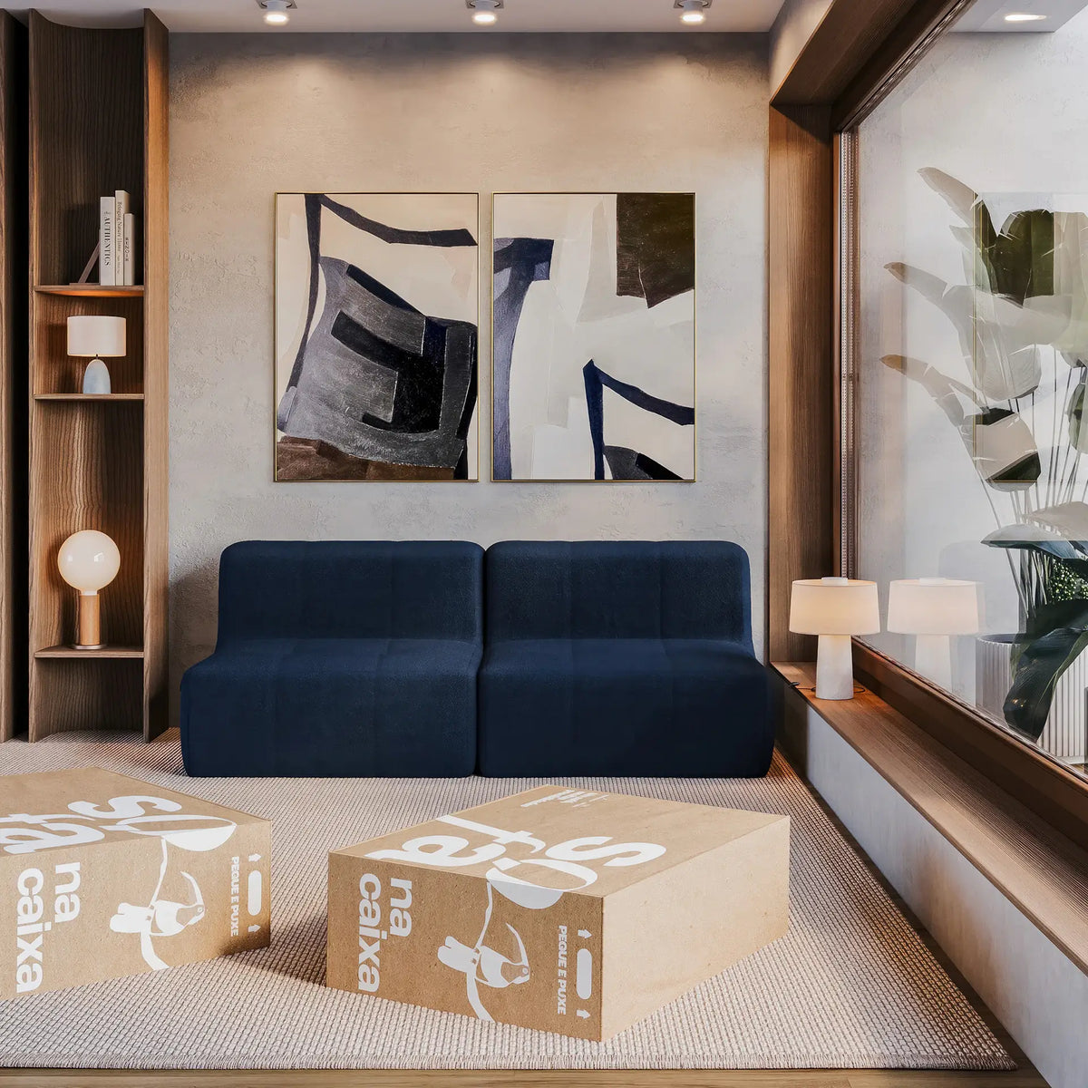 Sofá na Caixa modular 2 lugares em Boucle - Sem braço - Azul · visão geral final