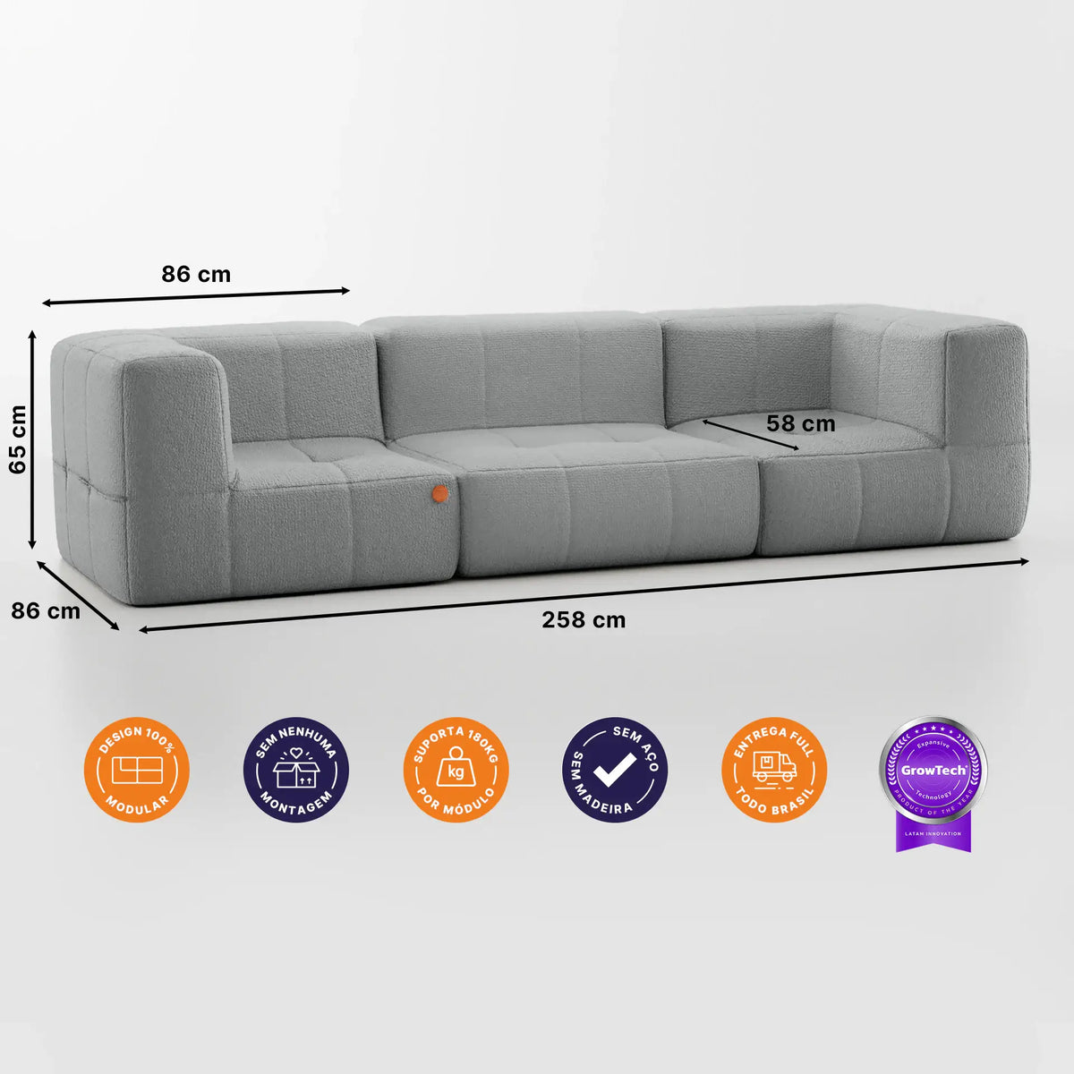 Sofá na Caixa modular 3 lugares em Boucle - Cinza · medidas e dimensões