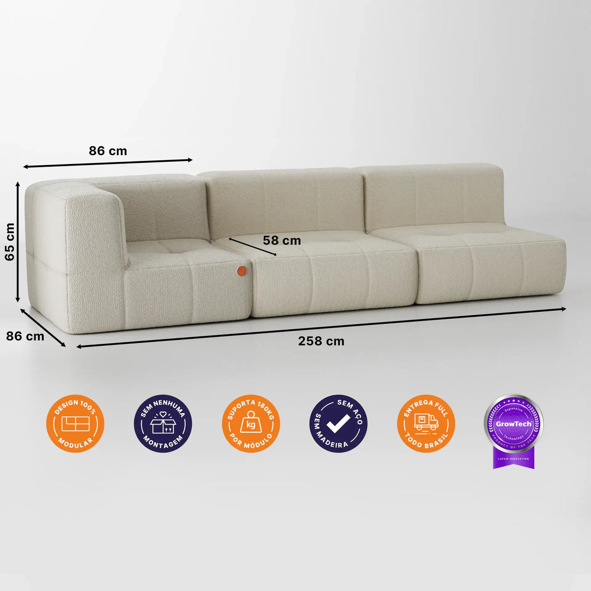 Sofá na Caixa modular 3 lugares em Boucle - 1 Braço - Linho · medidas e dimensões
