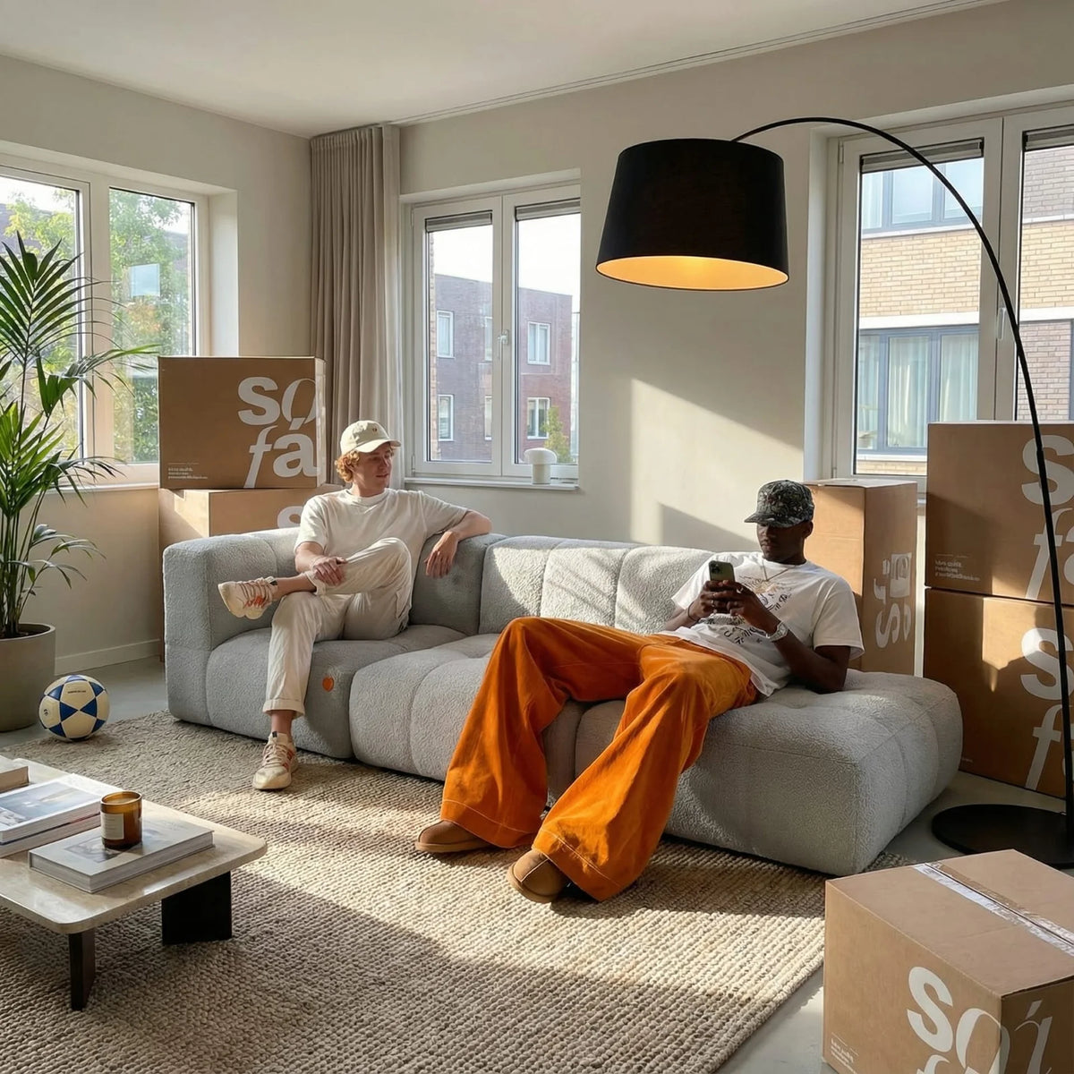Sofá na Caixa modular 2 lugares em Boucle - 1 Braço com Apoio de pé - Cinza · vista 3