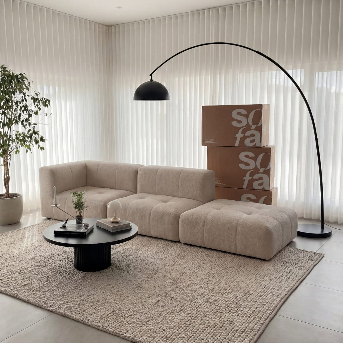 Sofá na Caixa modular 2 lugares em Boucle - 1 Braço com Apoio de pé - Linho · vista 2