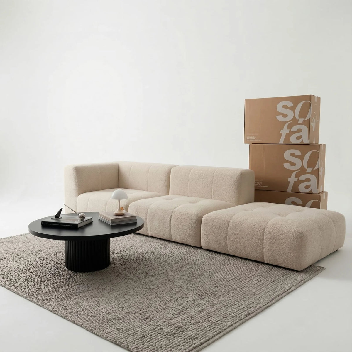Sofá na Caixa modular 2 lugares em Boucle - 1 Braço com Apoio de pé - Linho · vista 6