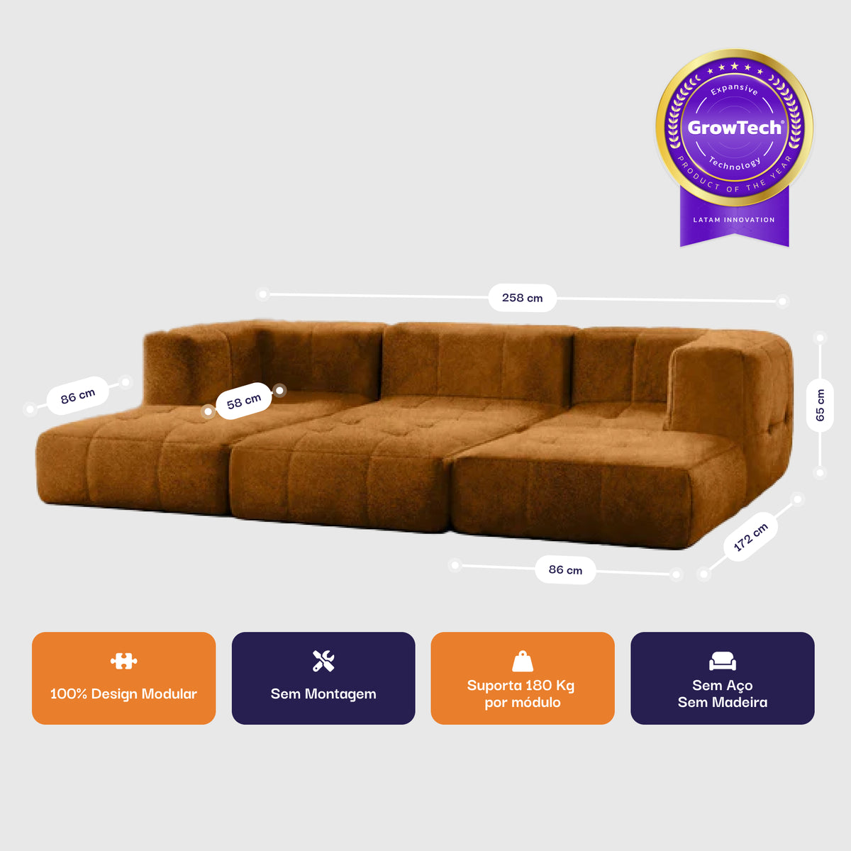 Sofá na Caixa modular 3 lugares Poli-Couro Marrom com 3 Chaises · vista 3