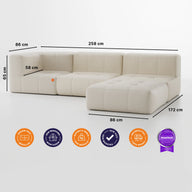 Sofá na Caixa modular 3 lugares em Boucle - 1 Braço com Chaise - Linho · medidas e dimensões