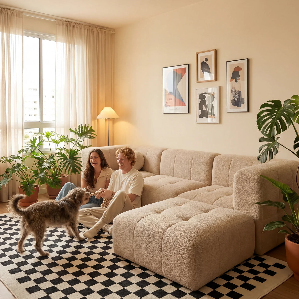 Sofá na Caixa modular 3 lugares em Boucle com Apoio de pé - Linho · vista 5