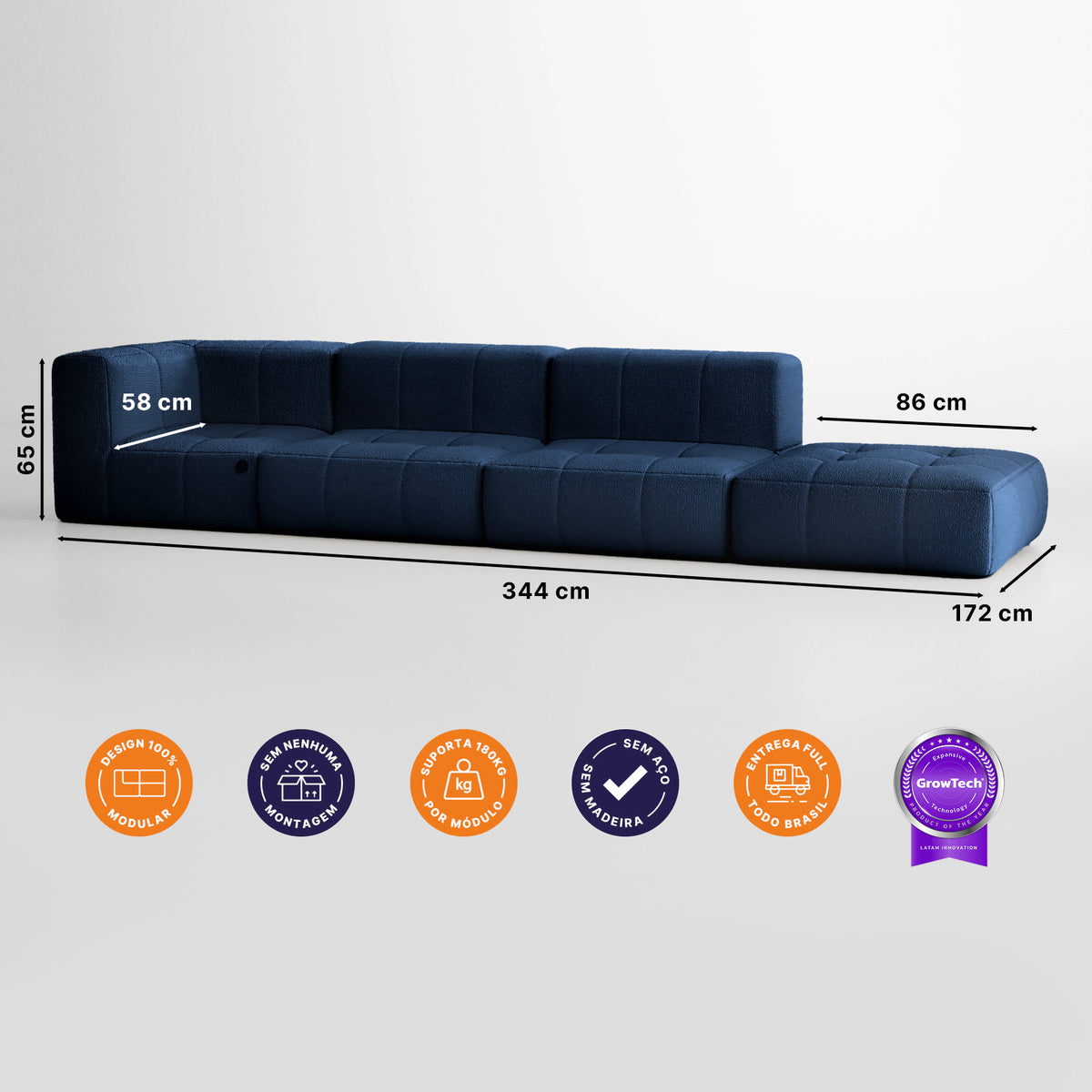 Sofá na Caixa modular 3 lugares em Boucle - 1 Braço com Chaise - Azul · visão geral final