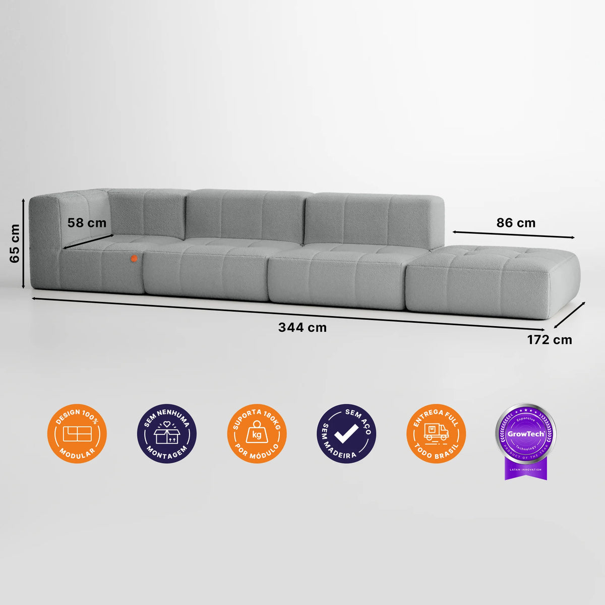 Sofá na Caixa modular 3 lugares em Boucle - 1 Braço com Chaise - Cinza · medidas e dimensões