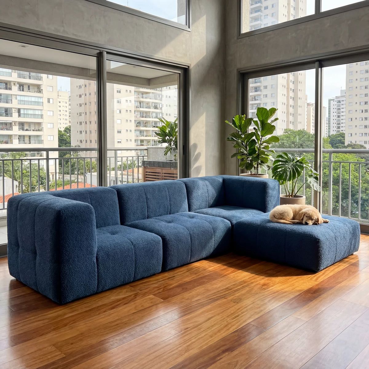 Sofá na Caixa modular 3 lugares em Boucle com Apoio de pé - Azul · vista 4