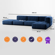 Sofá na Caixa modular 3 lugares em Boucle - 1 Braço com 2 Chaises - Azul · visão geral final