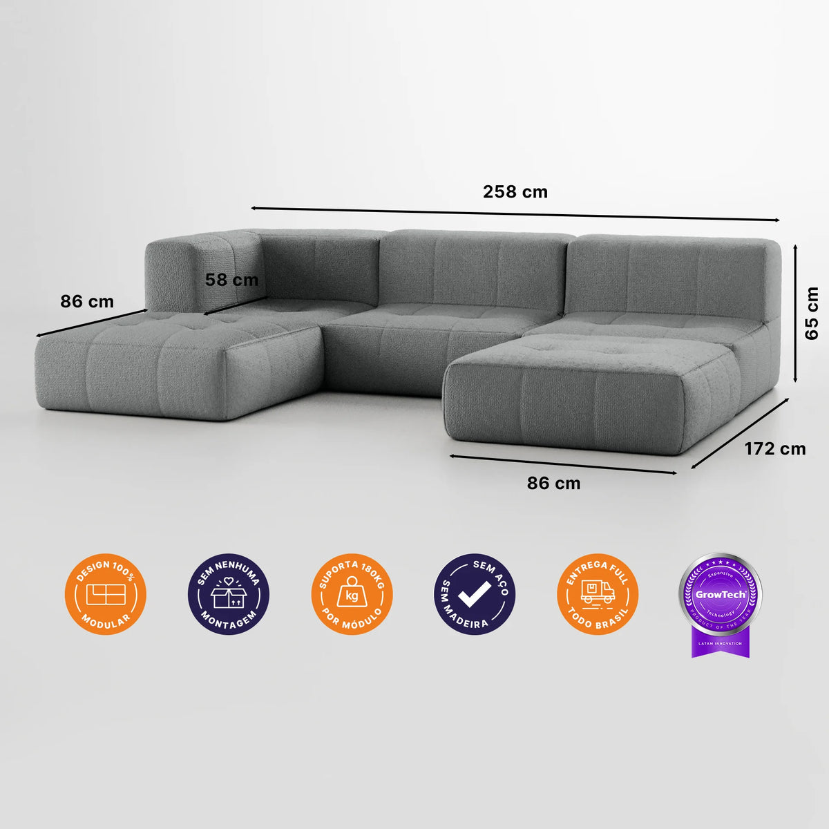 Sofá na Caixa modular 3 lugares em Boucle - 1 Braço com 2 Chaises - Cinza · medidas e dimensões