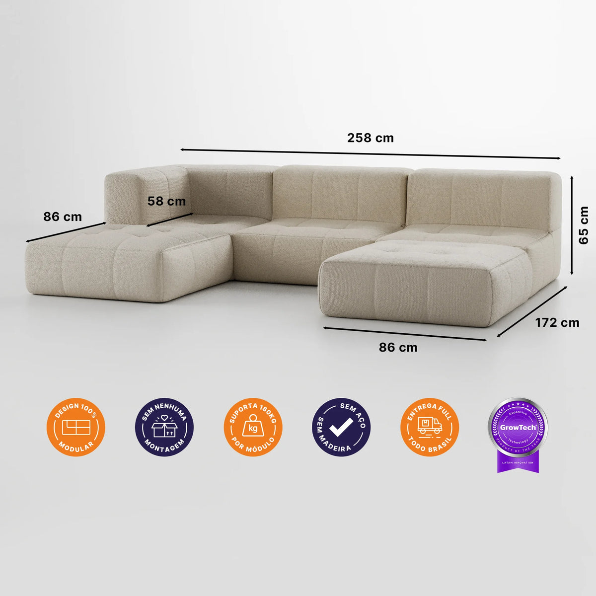 Sofá na Caixa modular 3 lugares em Boucle - 1 Braço com 2 Chaises - Linho · medidas e dimensões