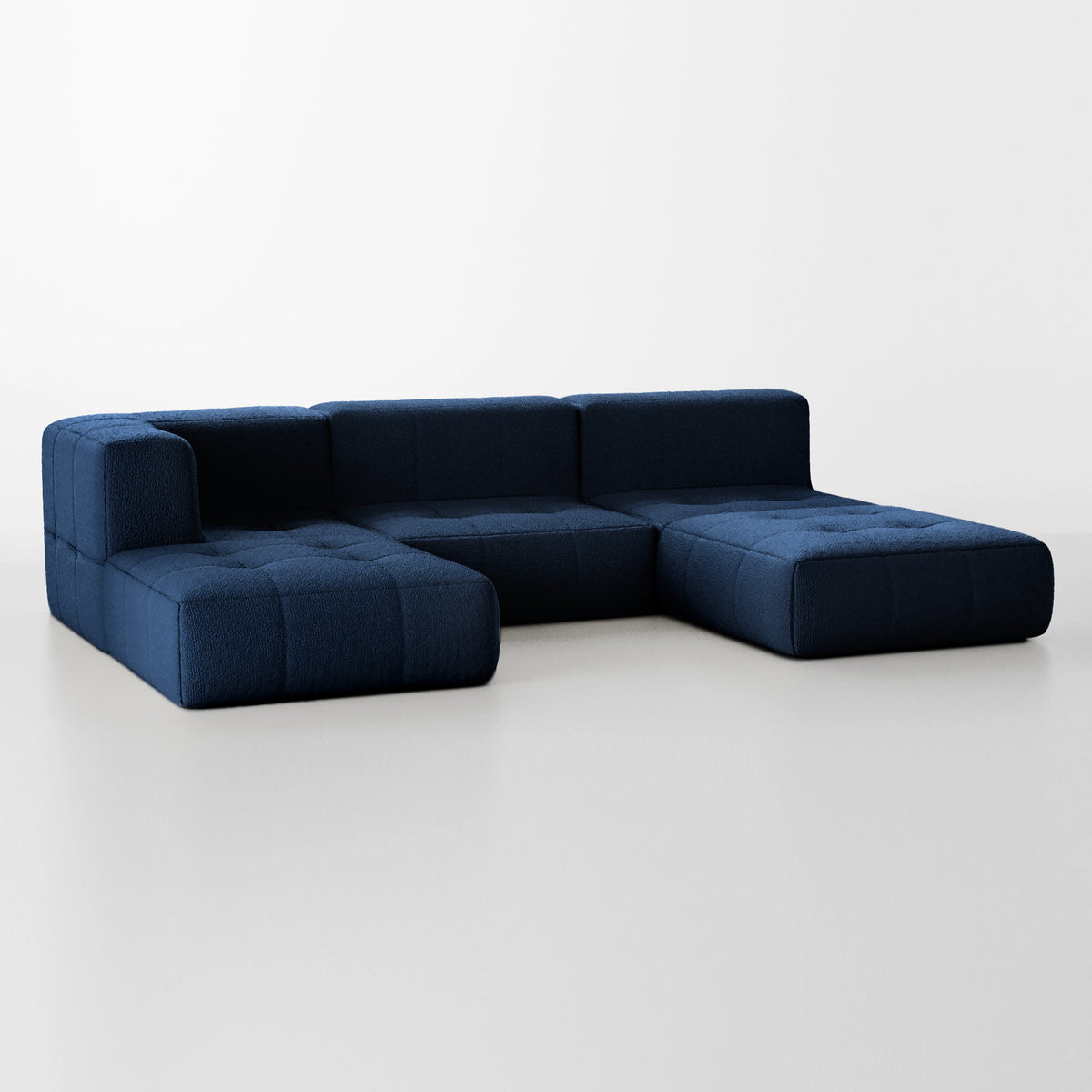 Sofá na Caixa modular 3 lugares em Boucle - 1 Braço com 2 Chaises - Azul · visão geral final
