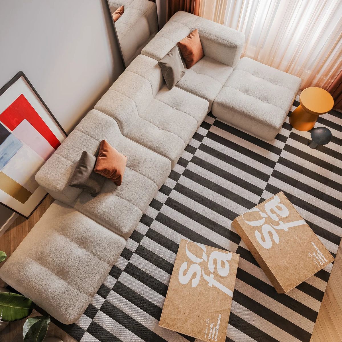 Sofá na Caixa modular 3 lugares em Boucle - 1 Braço com 2 Chaises - Linho · em ambiente decorado