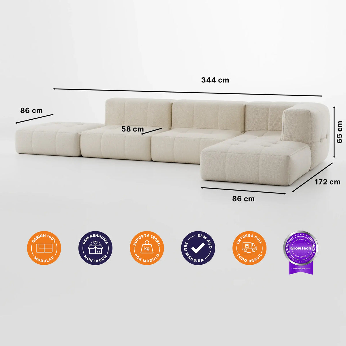 Sofá na Caixa modular 3 lugares em Boucle - 1 Braço com 2 Chaises - Linho · medidas e dimensões