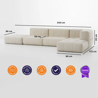 Sofá na Caixa modular 3 lugares em Boucle - 1 Braço com 2 Chaises - Linho · medidas e dimensões