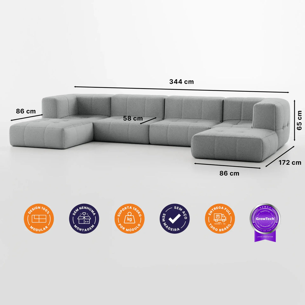 Sofá na Caixa modular 4 lugares em Boucle com 2 Chaise -  Cinza · medidas e dimensões