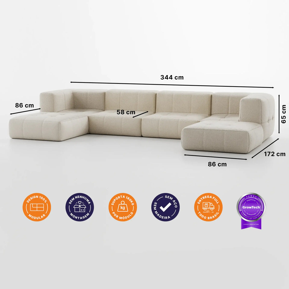 Sofá na Caixa modular 4 lugares em Boucle com 2 Chaise -  Linho · medidas e dimensões