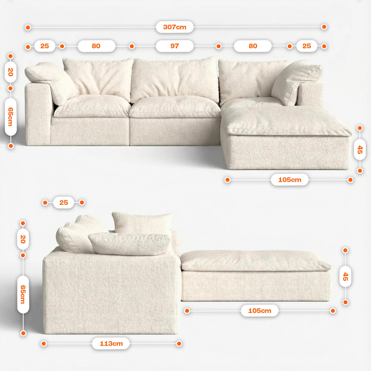 Sofá na Caixa modular Sienna 3 lugares em Boucle com 2 Apoio - Bege Areia · medidas e dimensões